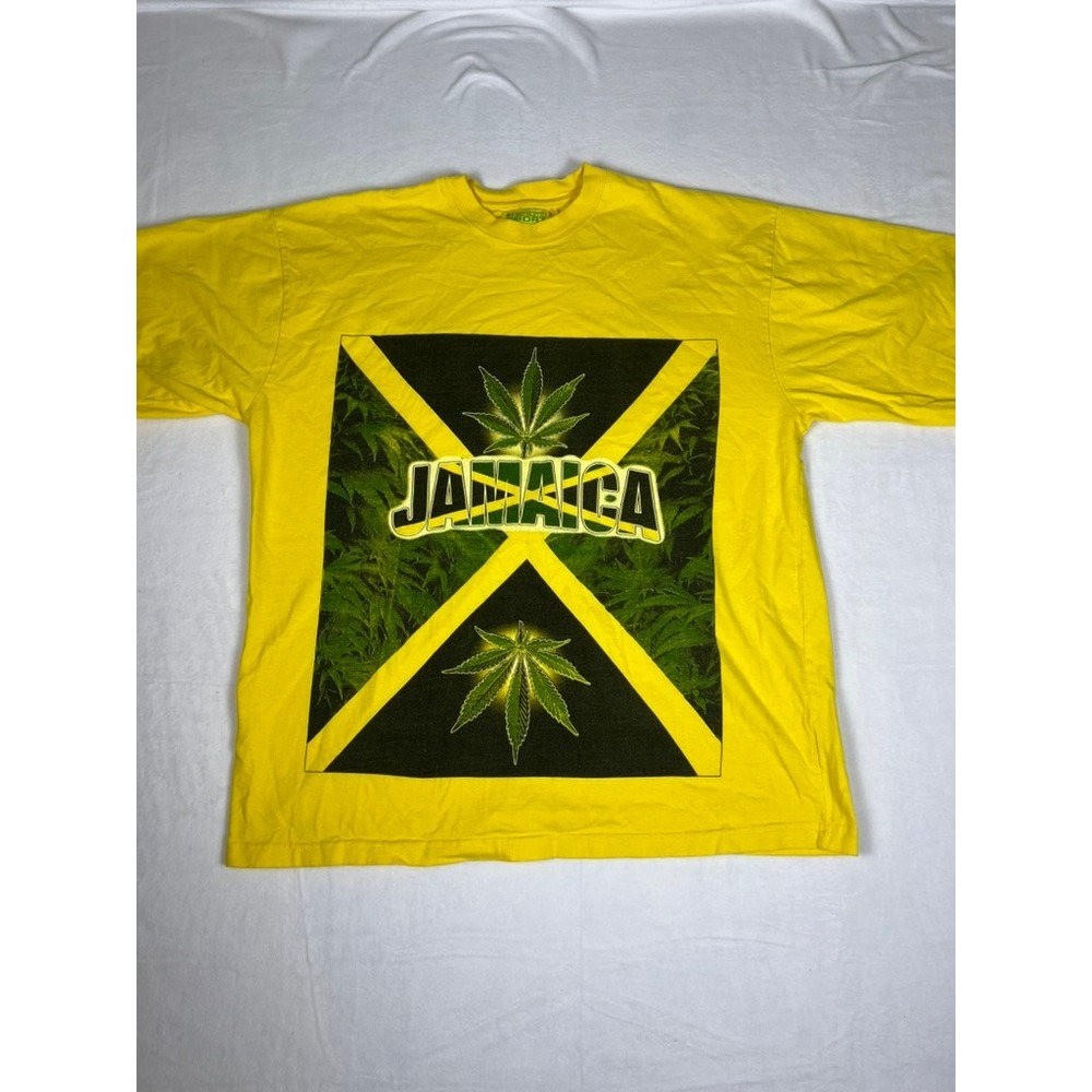 T-Shirt Men XL Yellow Jamaica Marijuana Graphic Tee Y2K Stoner Ganja Pothead 420